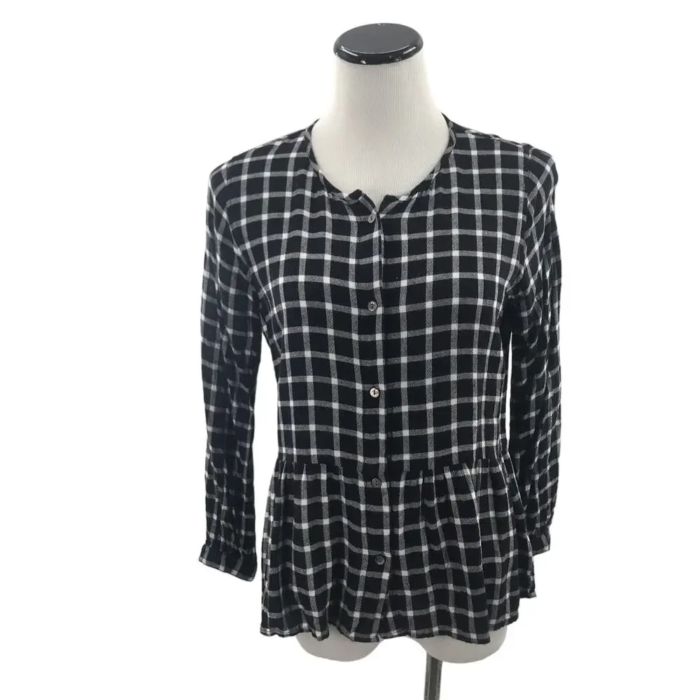 Rails Celeste Onyx Plaid White Check Linen Blouse